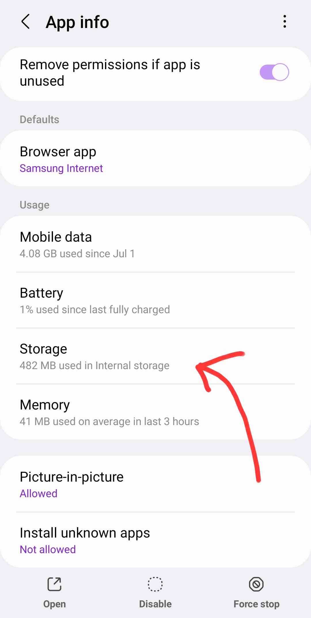 Any App Storage settings from the device settings