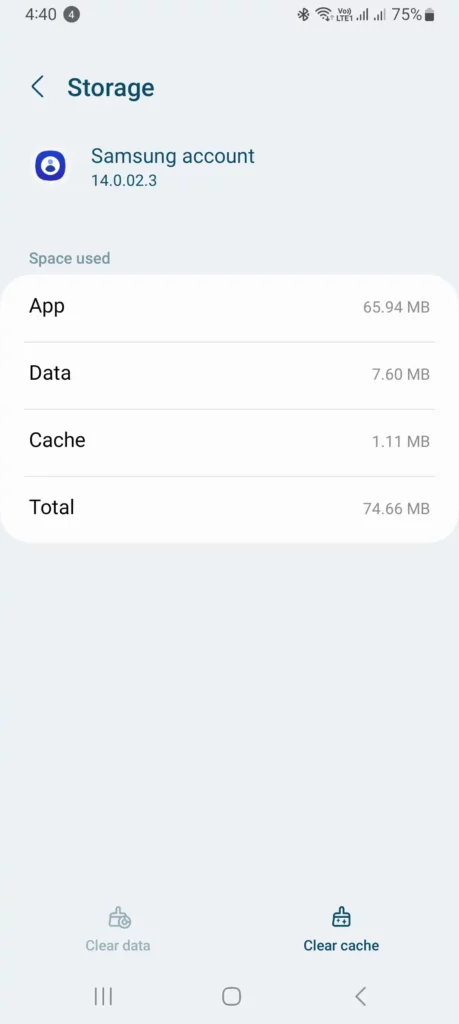 storage settings of samsung account with clear cache option
