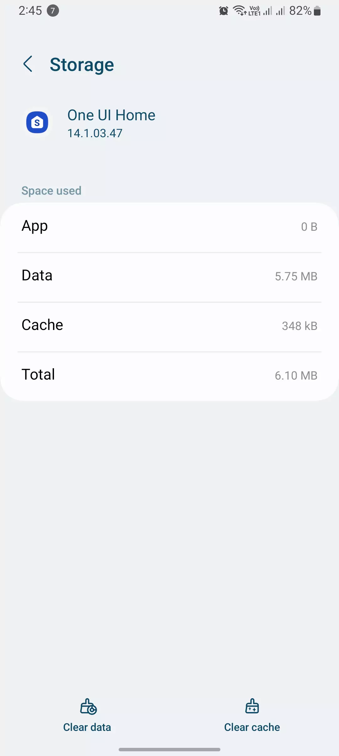 oneui app storage screenshot of clear cache and clear data