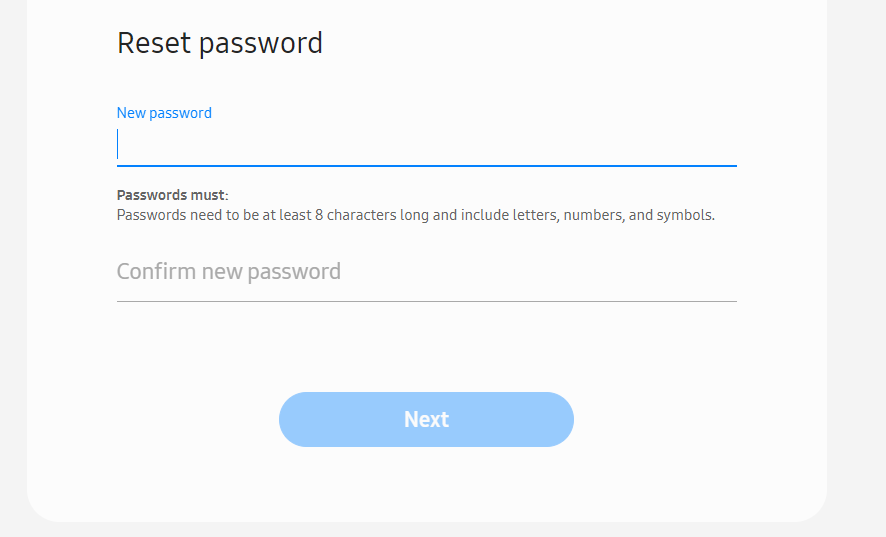 reset password page for samsung account to enter new and confirm pass