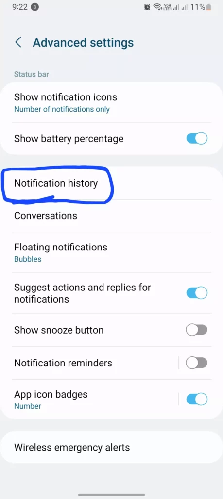notification history from advance settings