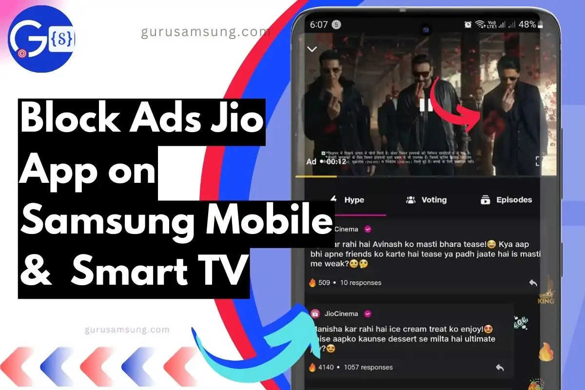 screenshot of jio cinema and tv with ads on samsung phone with overlay text to block on phone and tv