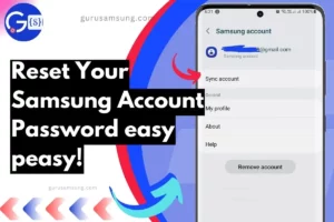 screenshot of samsung account settings with overlay text reset samsung account password