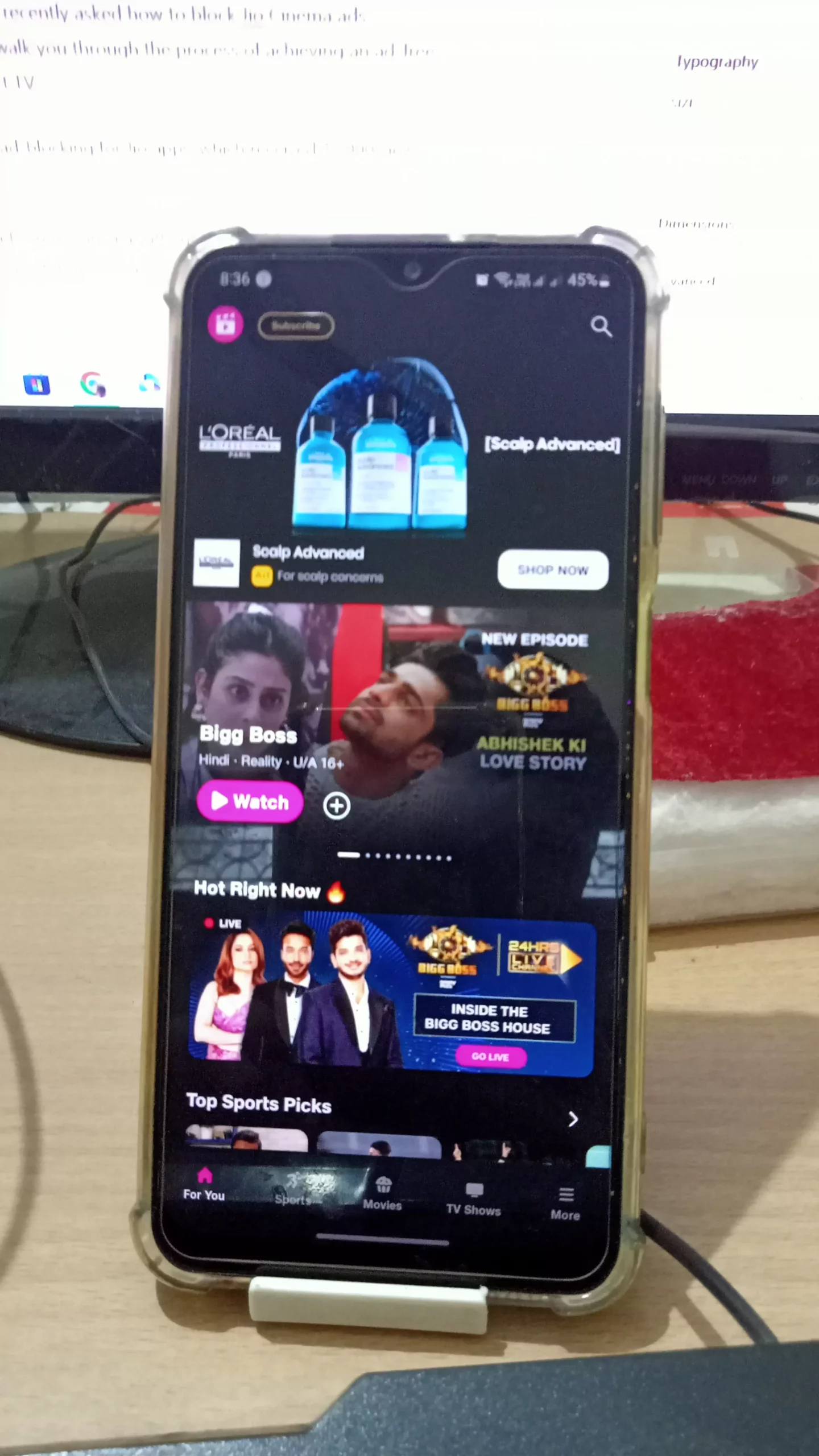screenshot of using the jio cinema app with ads
