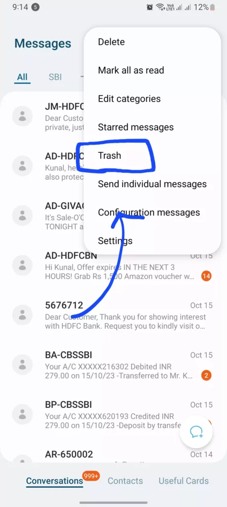 trash highlighted from messages app by samsung