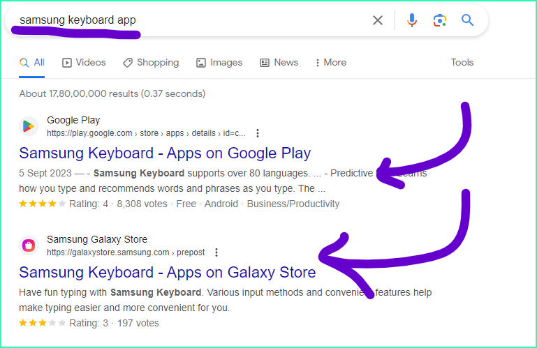 Samsung keyboard app searched on google screencapture