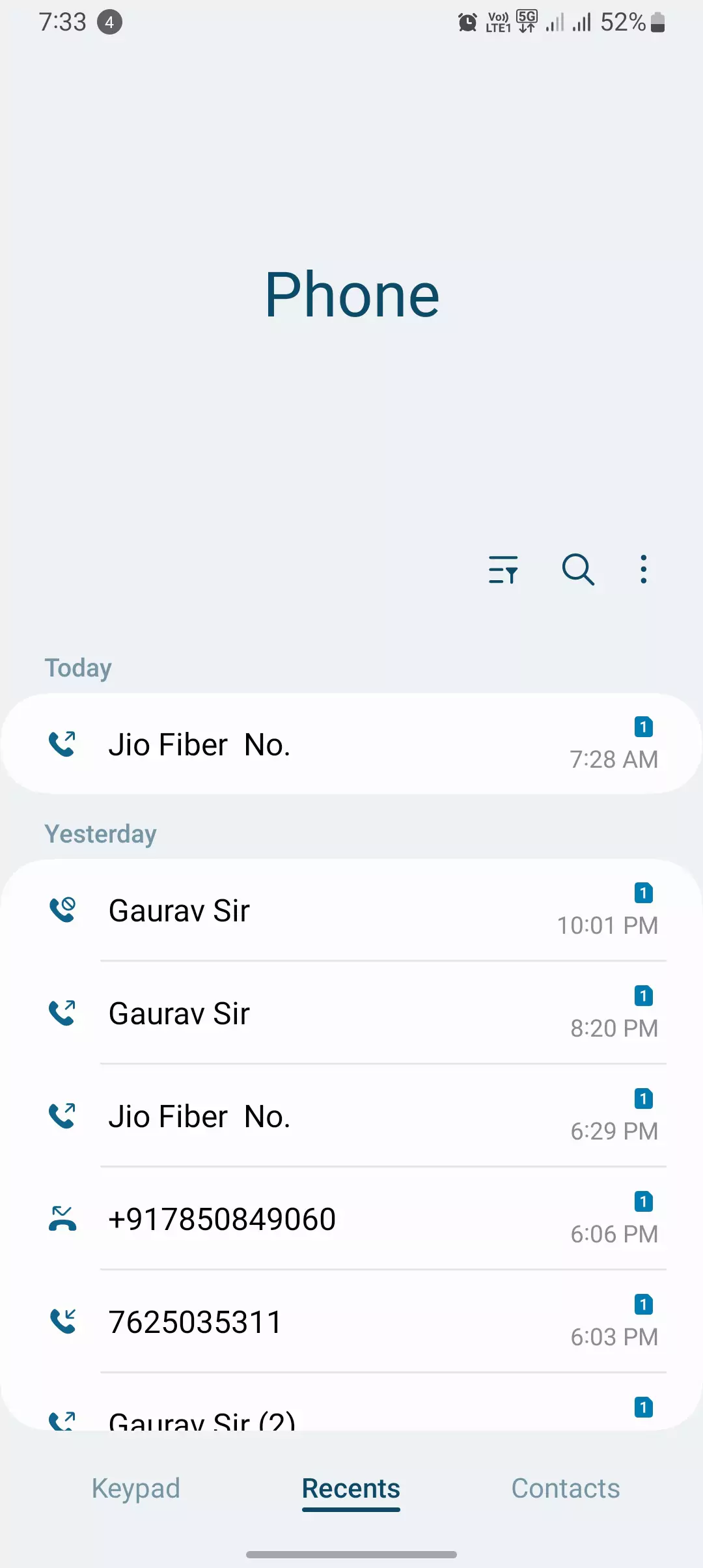 screenshot of all the recent calls from samsung phone app