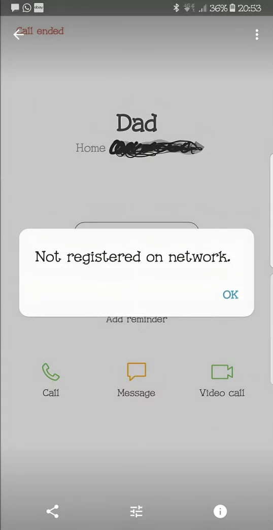 screenshot of Not Registered on Network Error while calling