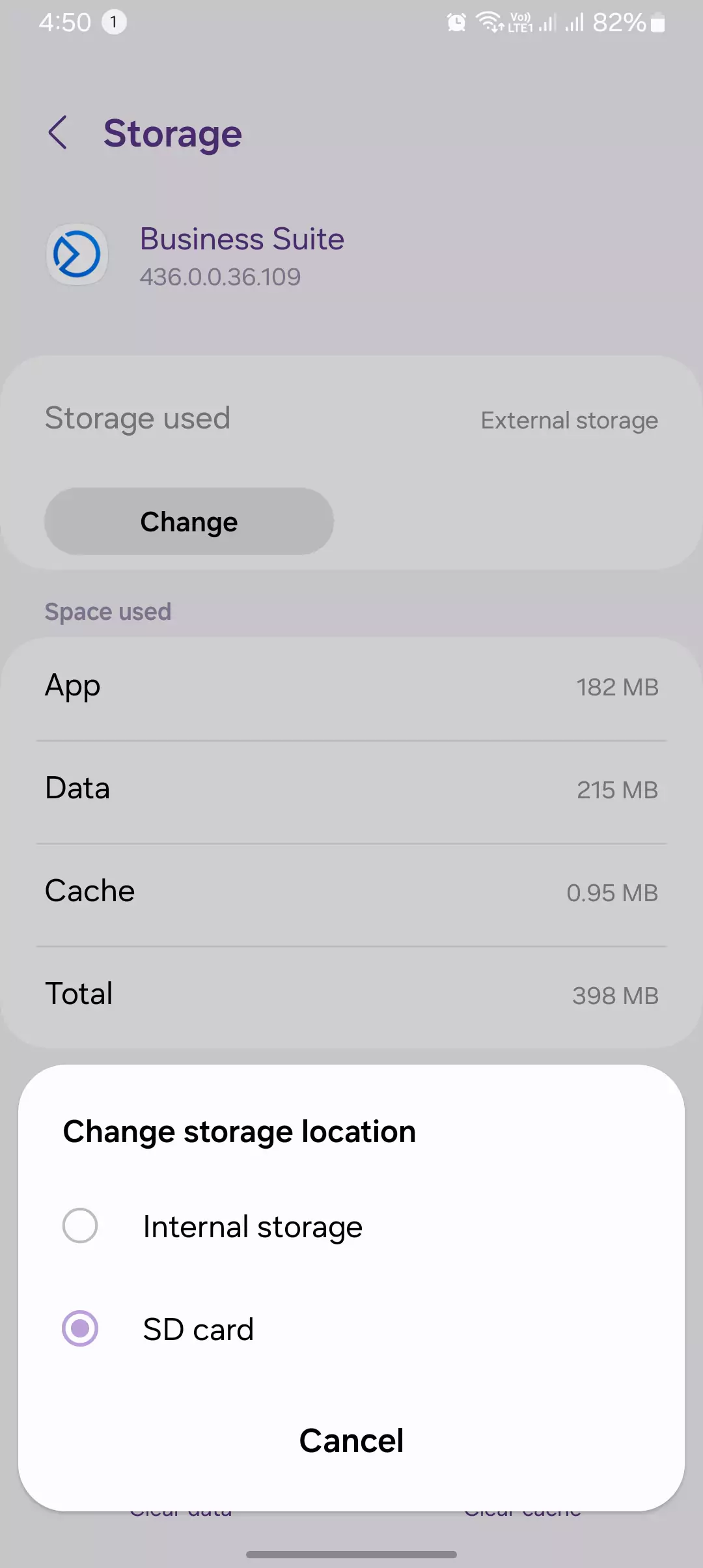screenshot of changing storage locations from internet to sd card