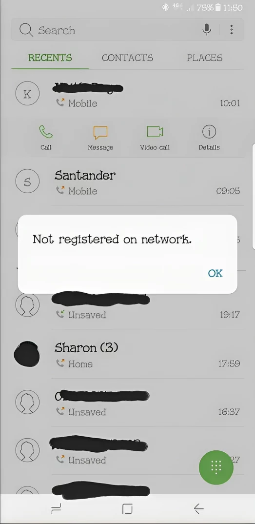 while calling Samsung Not Registered on Network Error