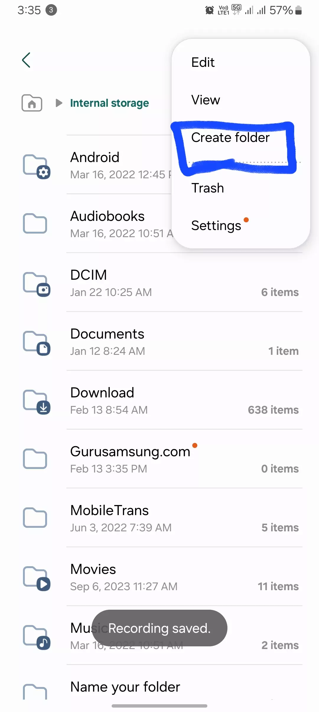 screenshot of create folder highlighted from the menu in file manager samsung