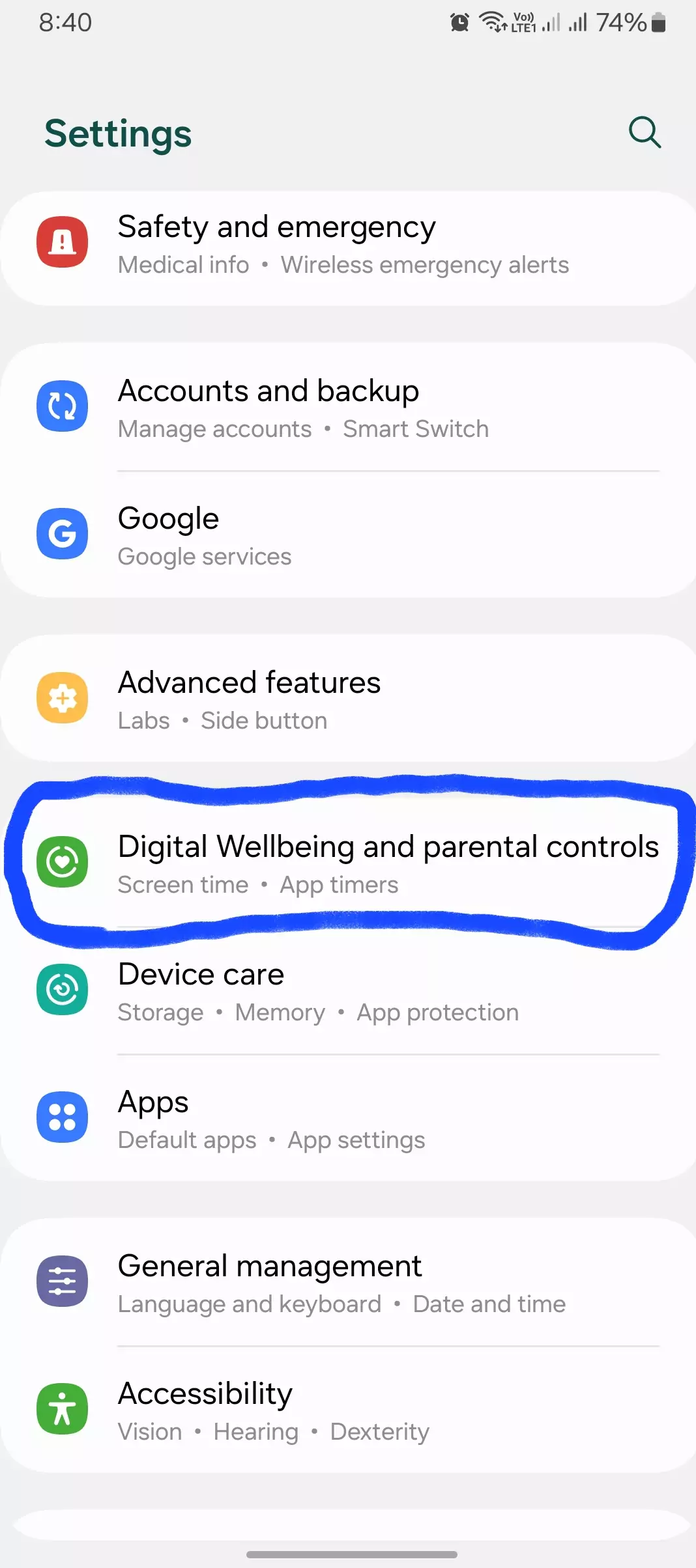 screenshot of samsung phone settings with digital wellbeing highlighted