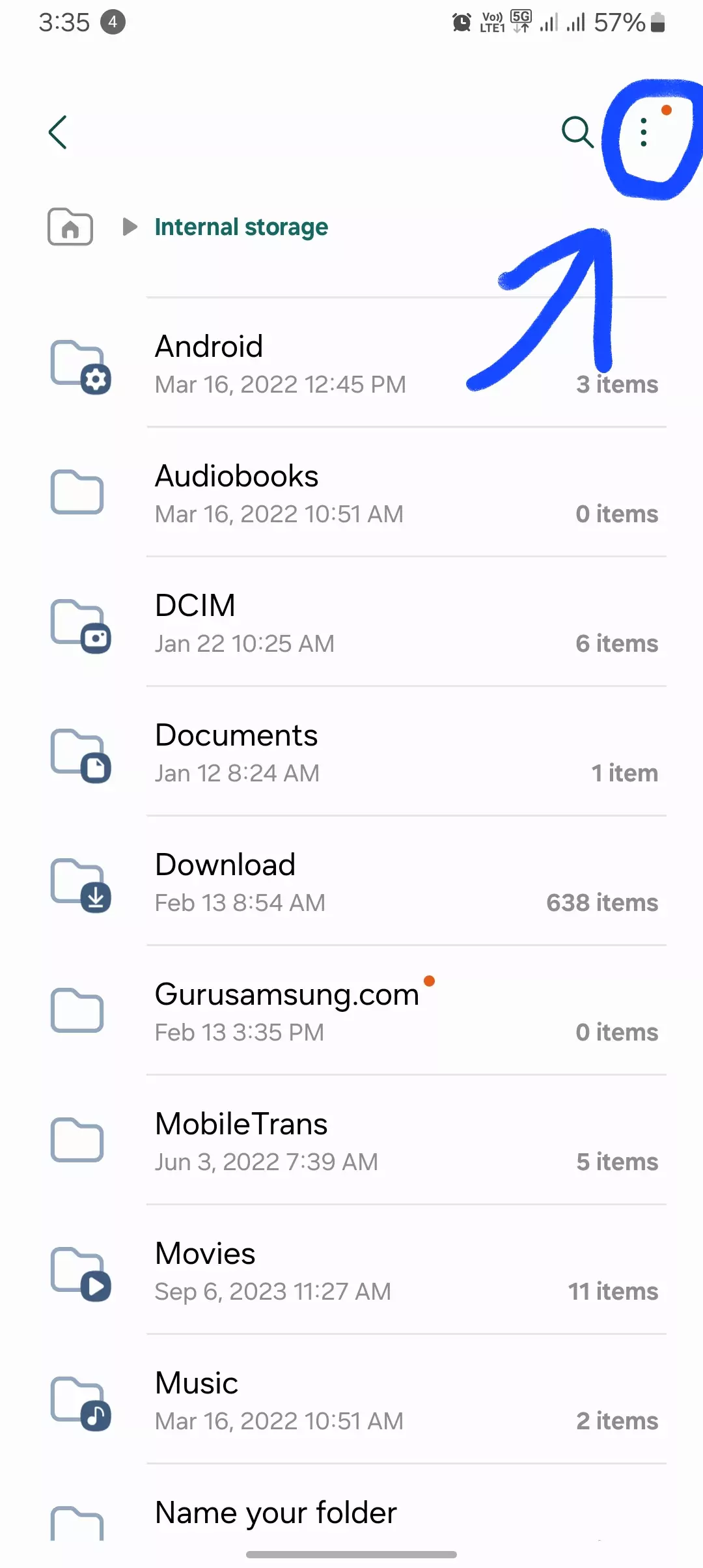 screenshot of three dots from the file manager samsung